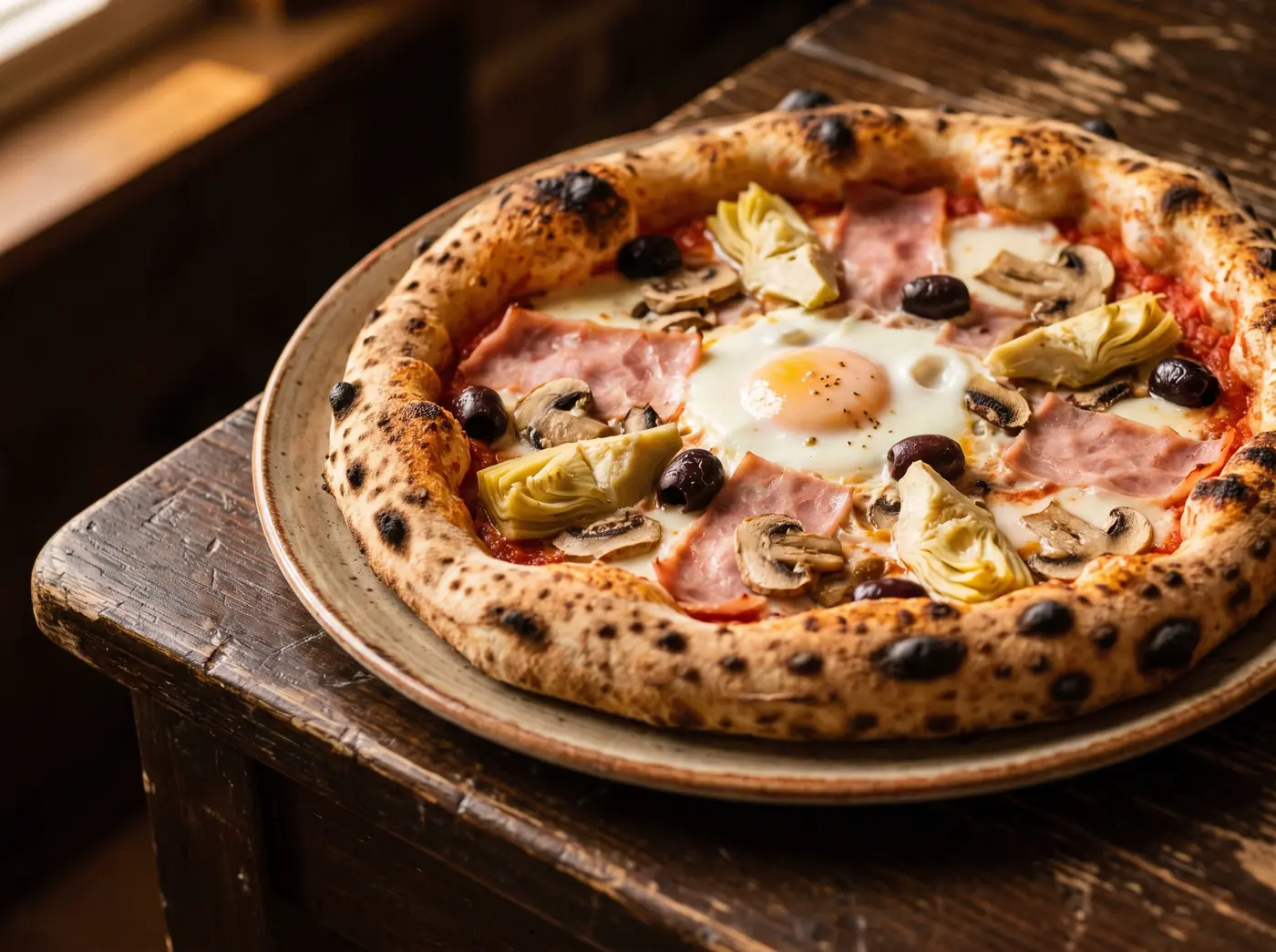 A Capricciosa pizza: cotto ham, artichoke, mushroom, black olives and a baked egg on a blistered coal-fired crust