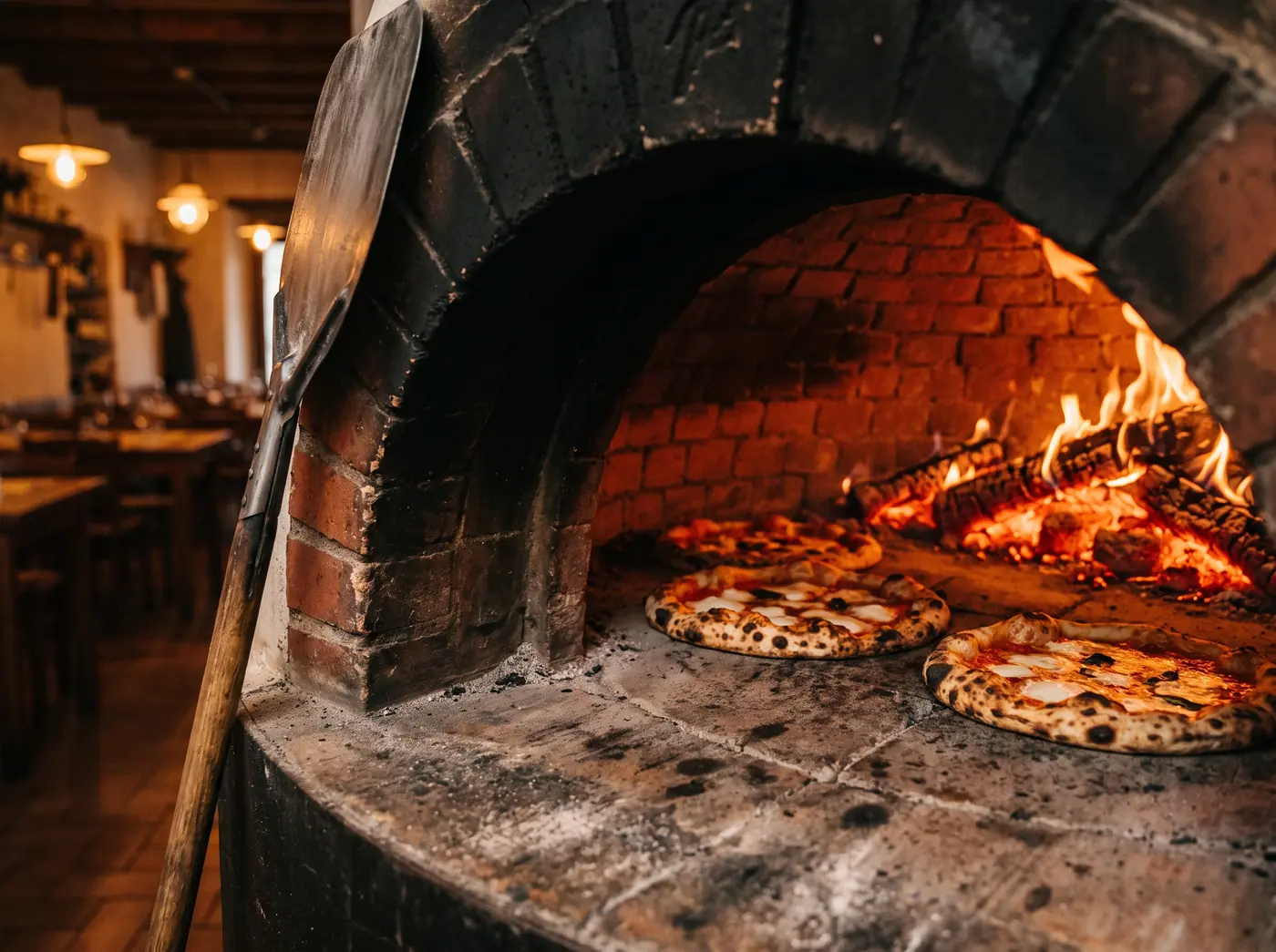 Neapolitan pizzas cooking on the floor of the glowing coal-fired oven