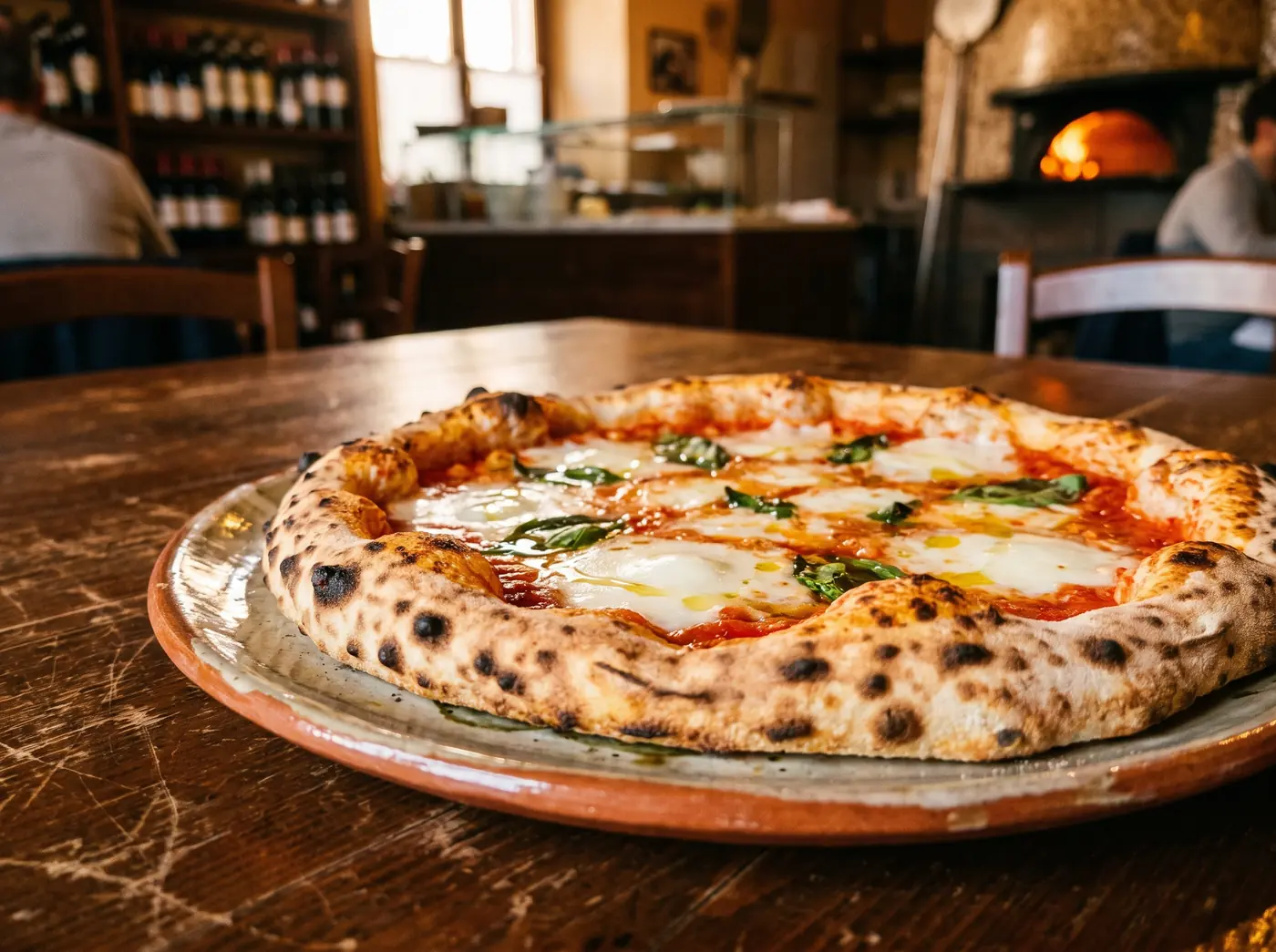 A Margherita D.O.P. on a ceramic plate: leopard-spotted crust, basil and fior di latte