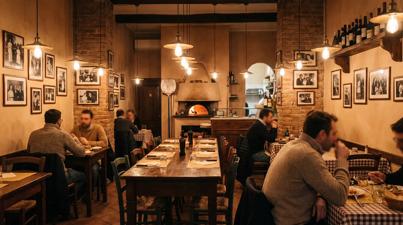 The warm dining room: worn wood tables, exposed brick, brass pendant lamps and the long family table