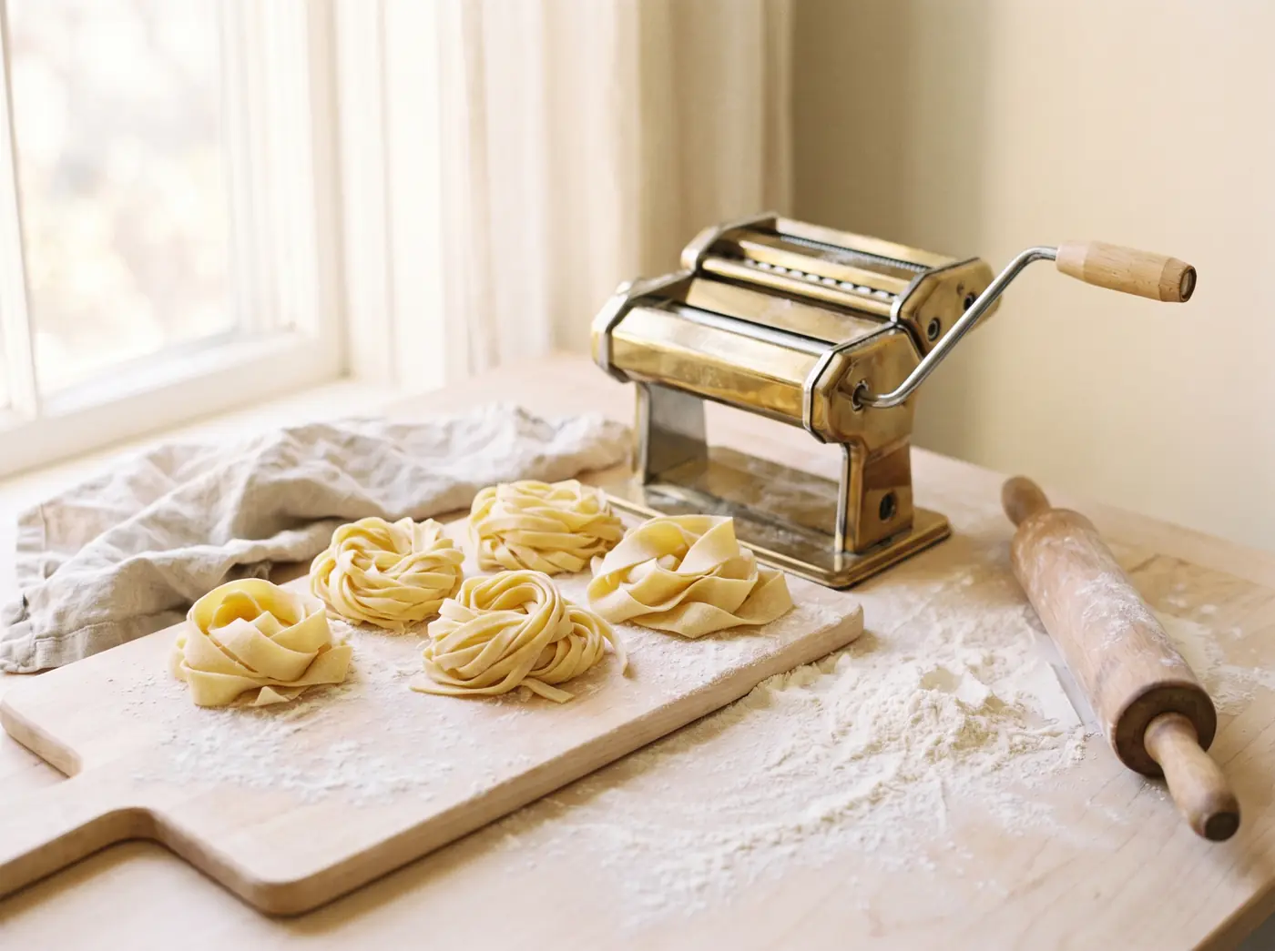 Fresh hand-cut tagliatelle resting in nests on a flour-dusted pasta board